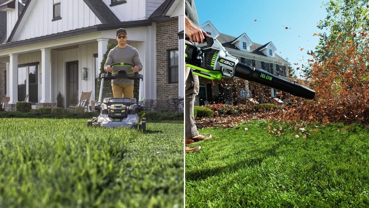 EGO battery mower and leaf blower in use, available at Koenig Equipment in Knightstown, IN
