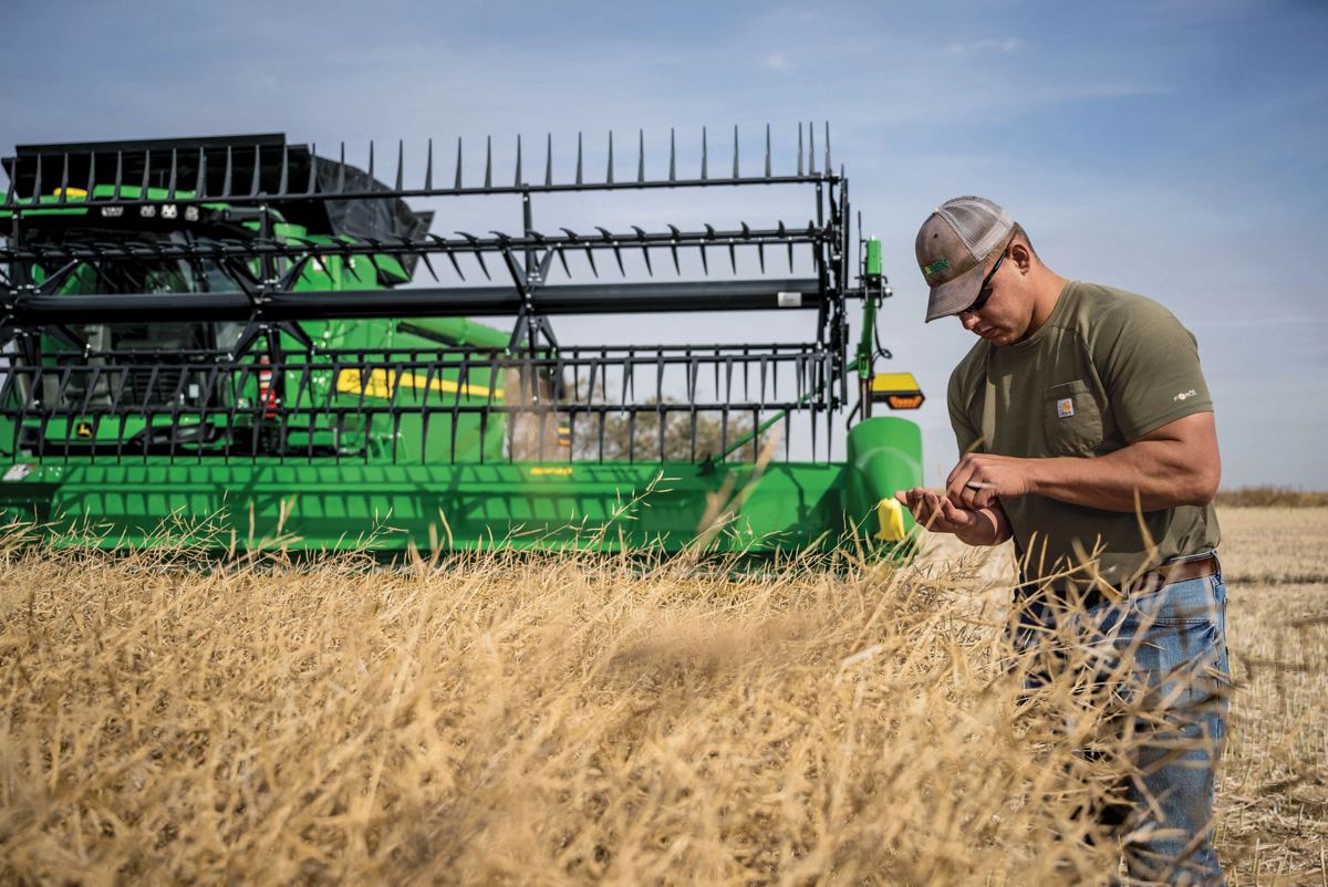 Man inspecting dry crops in a field with a green John Deere combine harvester in the background
