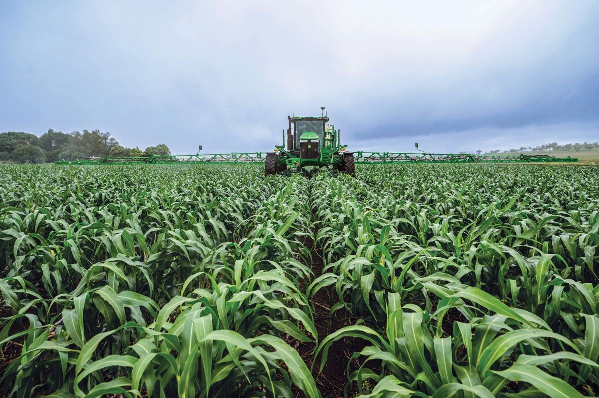 A John Deere self-propelled sprayer with its boom unfolded is seen from a low angle, driving through a field of tall corn under an overcast sky