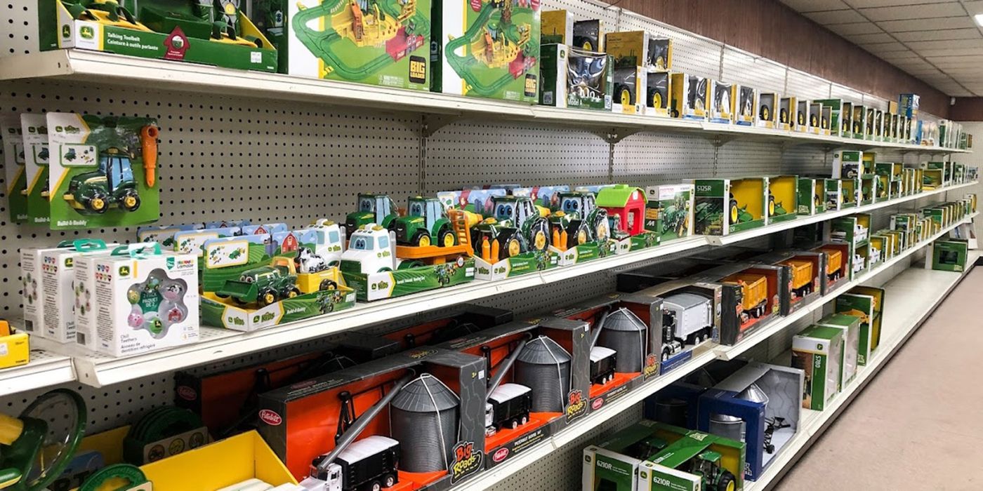 Shelves of John Deere toy tractors and farm toys at Koenig Equipment in Botkins, Ohio