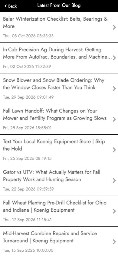 The Koenig Equipment app showing the latest posts from the Koenig blog