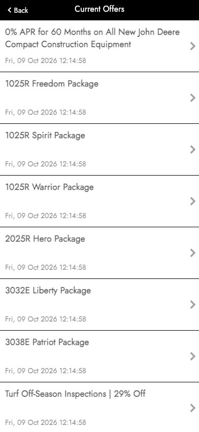 The Koenig Equipment app showing current offers