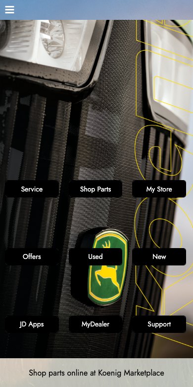 The Koenig Equipment app home screen with nine shortcut buttons