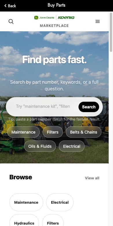 The Koenig Equipment app showing Koenig Marketplace parts search