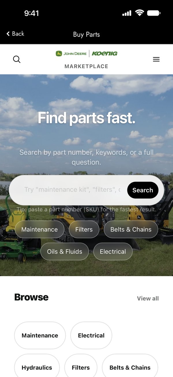Koenig Marketplace parts search inside the Koenig Equipment app
