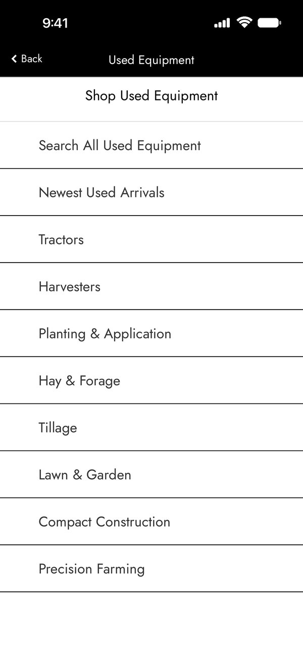 Used equipment categories in the Koenig Equipment app