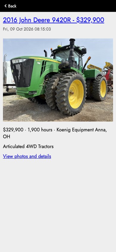 The Koenig Equipment app showing a used John Deere tractor